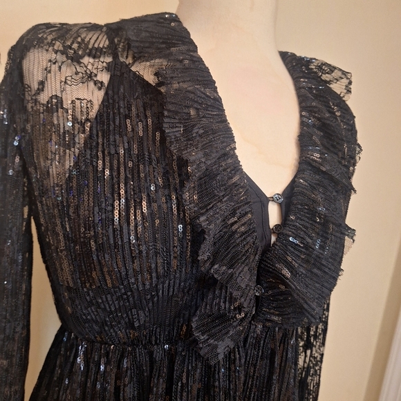 Maje Reville Black Pleated Lace Sequin Dress SZ S - Picture 6 of 15